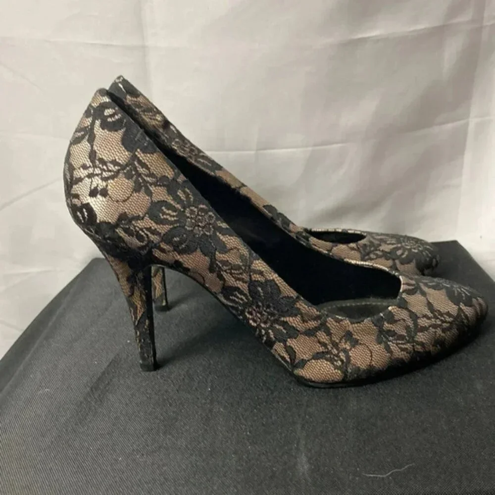 GIANNI BINI WO SIZE 8.5 BLACK FLORAL LACE PUMP SHOE 4” HEEL LEATHER SOLE… - Picture 7 of 13
